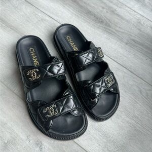 Chanel Laminated Lambskin Quilted Velcro Dad Chain CC Slide Sandals in black